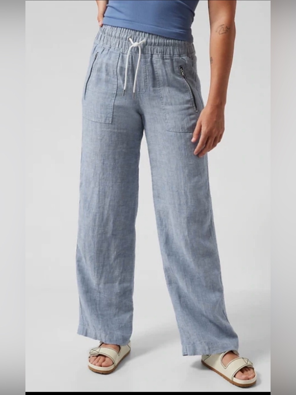 Athleta Cabo Linen Pants Womens 16 Tall Blue Wide Leg High Rise 100% Linen‎